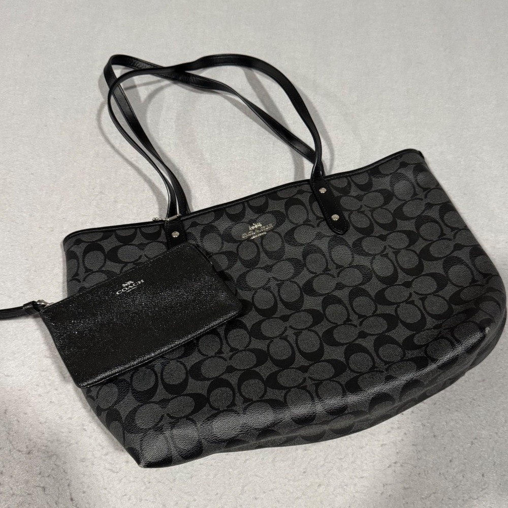 Coach City Tote Bag Women Black Charcoal Signature Monogram with Pouch Set